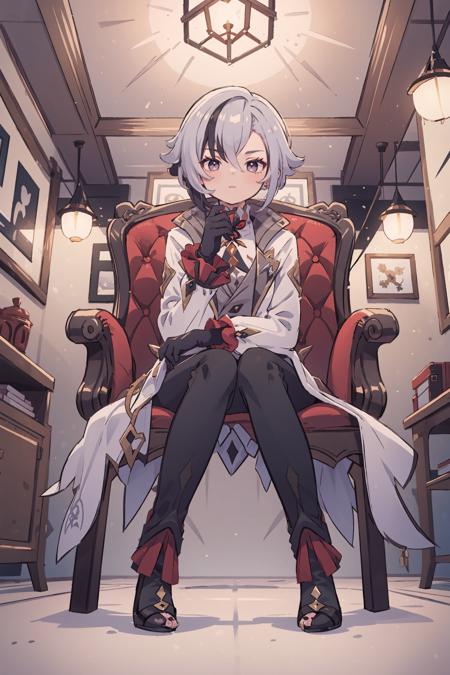 1girl, arlecchino \(genshin impact\), black gloves, grey tailcoat, black pants, grey vest, grey shirt, high heels, looking at viewer, sitting, from below, full body, glaring, hand on own chin, crossed legs, throne, indoors