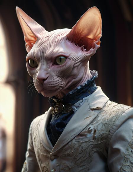 award winning concept art, angle view, close up, humanoid sphynx cat, male, victorian-style clothing, chroma, rim lighting, volumetric, 8k resolution, trending on art station  <lora:xl_more_art-full_v1:0.8>
