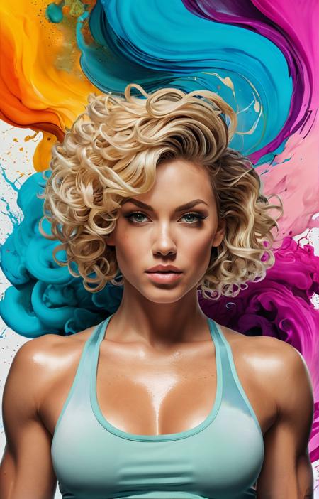 a fitness woman,Stacked Curls in Short Bob,Blond hair,birds-eye-view shot,alberto seveso art,water ink,colorful cloud,loose painting style,intricate detail,octane render,8K,volumetric lighting