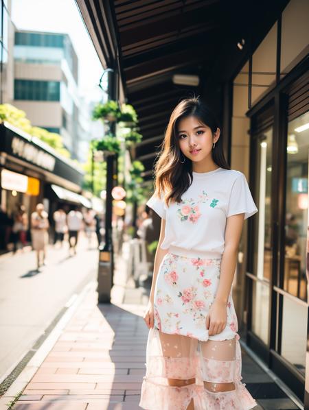 1 girl, floral print, t-shirt, long hair, captivating gaze, embellished clothing, natural light, shallow depth of field, romantic setting, dreamy pastel color palette, whimsical details, captured on film, (original photo , Best Quality), (Realistic, Photorealistic: 1.3), Clean, Masterpiece, Fine Detail, Masterpiece, Ultra Detailed, High Resolution, (Best Illustration), (Best Shadows), Delicate, Bright Light, ( field of view): 1.3), (long skirt: 1.5), (white shoes: 1.4), city, street, shopping mall, (light: 1.5), (field of view: 1.3), (standing: 1.5), (smile), <lora:twingShadowV11_v10:0.7>,