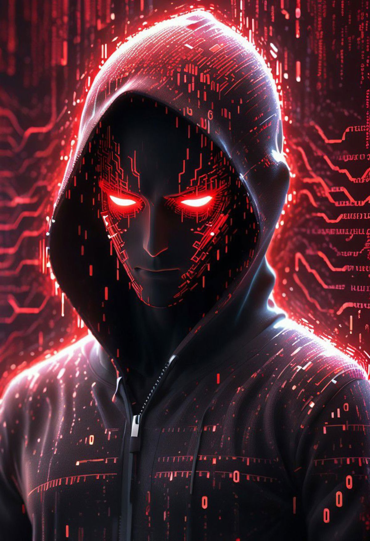 A person with a hood on and red eyes, wearing a black outfit with a digital pattern.