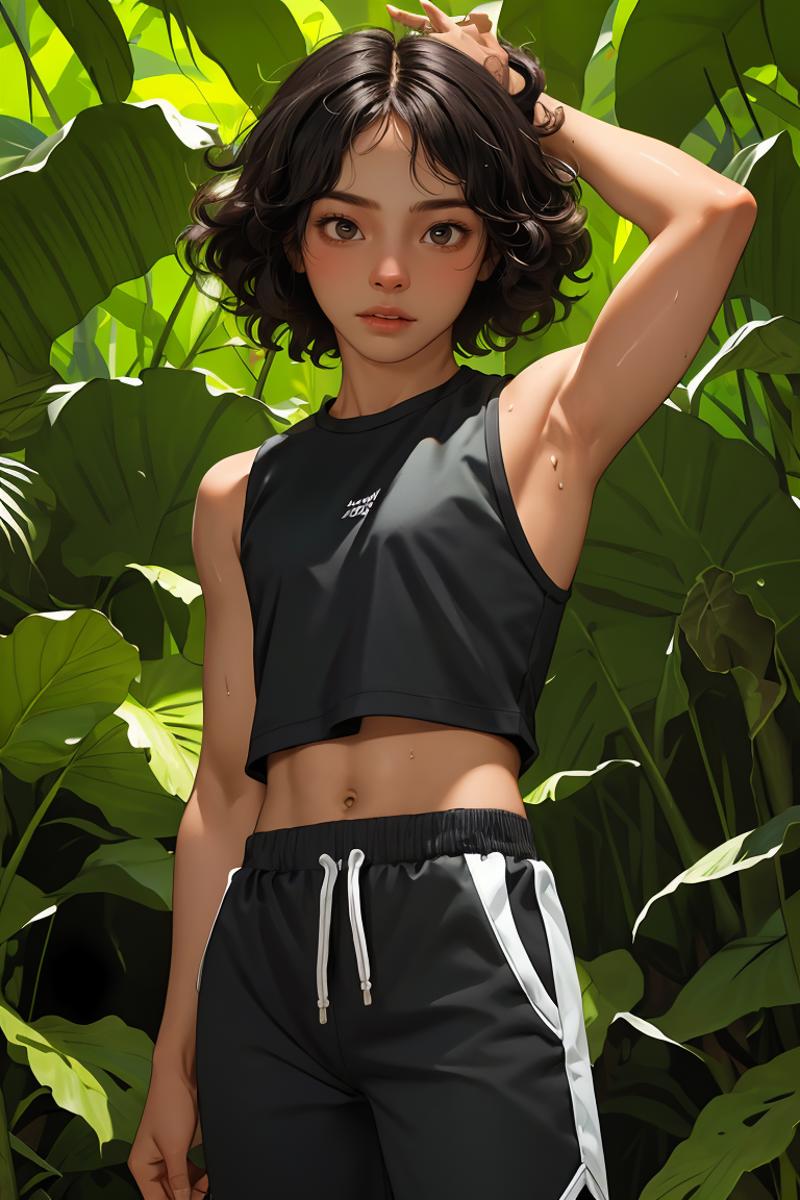 A drawing of a woman with a black shirt and shorts on, standing in a forest.