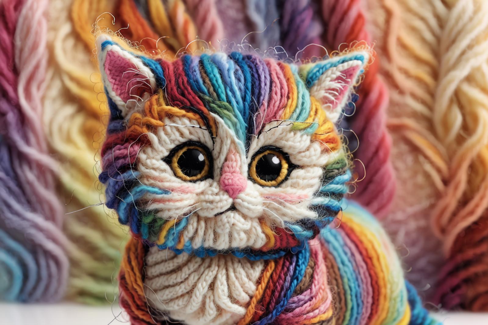 A colorful crocheted cat with yarn around its neck.