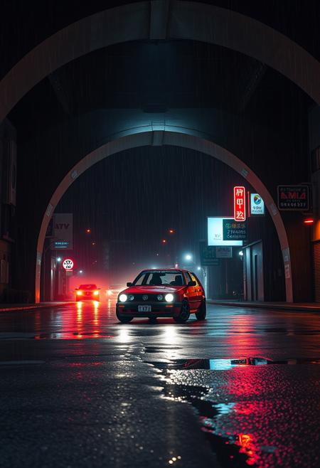 a dramatic nighttime scene under a bridge in a futuristic city, a vw golf mk2 standing there with bright lights and a stark contrast between light and shadow,  arches over the scene, it's raining the streets are wet and there are several puddles, neon lights and a bit of fog create a cinematic atmosphere