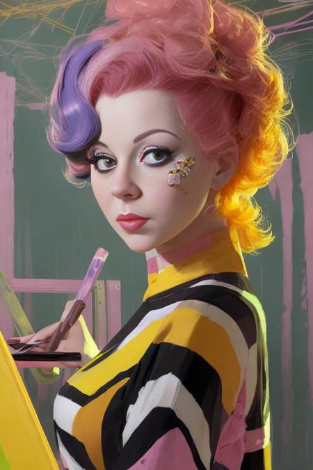 Oil Paints , Chalks upper body portrait of  taboo tasteful  Susan Hayward ,  bulky   with China pink hair  in A maintenance environment with black and yellow stripes signaling construction Oz: A land of enchantment, where anything is possible , striped Honeycomb patchwork clothing by Robby Cavanaugh , Syd Mead , Milo Manara , Daria Endresen naturalism modernism