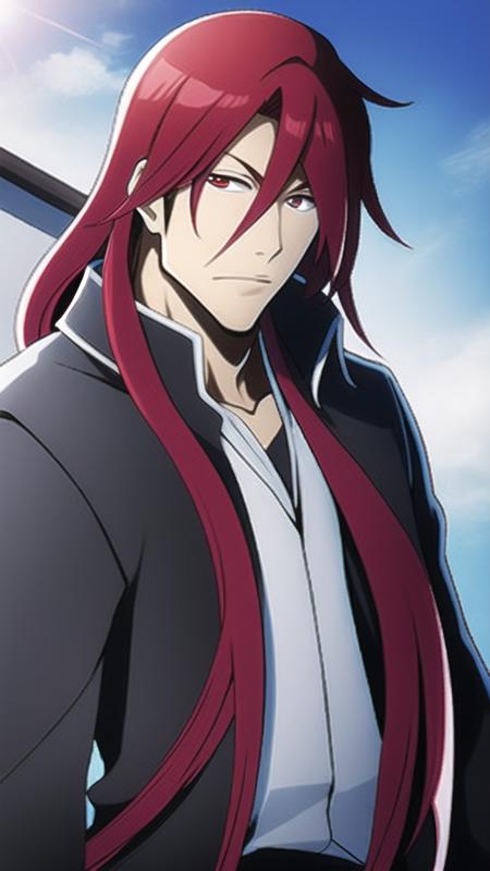 1boy, red hair, very long hair, (solo:1.2), outdoors, official art, looking at viewer,  <lora:Bleach-tybwV2:1>, upper body,