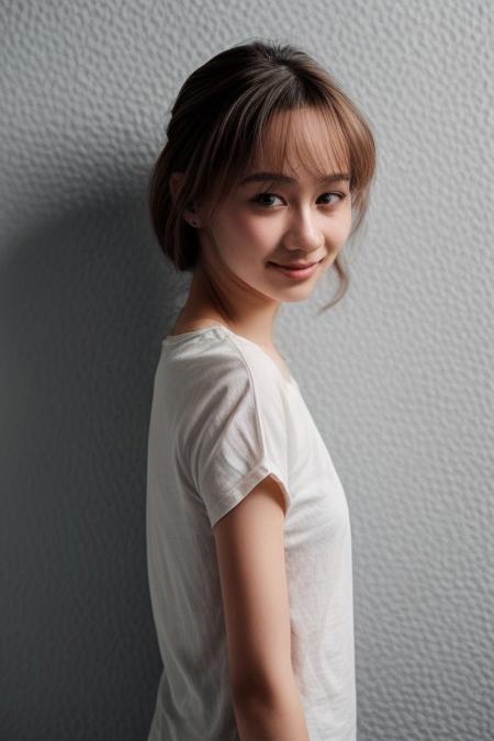 (1girl), shy smile, 25 year old, (full body), (plain white T shirt), Poking Nipples, (Rembrandt Lighting style), shadow, skin tone style, skin texture style, detailed skin, skin pore,