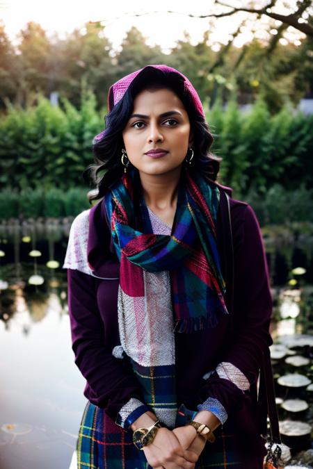 ShraddhaSrinath, photograph, pond, slight Woman, Personal trainer, Welsh Tartan Scarf, Detailed illustration, Relaxed, Decora, film grain, Canon EF, 80mm,  <lora:ShraddhaSrinathSD1.5:1>