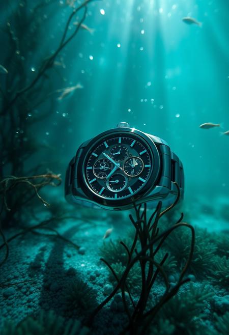 a highly detailed, cinematic photo of a sleek luxury Tourbillon wristwatch lying on the bottom of a deep, turquoise ocean, surrounded by gently swaying seaweed and schools of tiny, shimmering fish, with sunlight filtering down from above, casting an ethereal glow on the entire scene, captured with a shallow depth of field to emphasize the watch's intricate mechanisms and elegant design, using a high-contrast color palette with deep blues and greens to accentuate the sense of depth and realism.