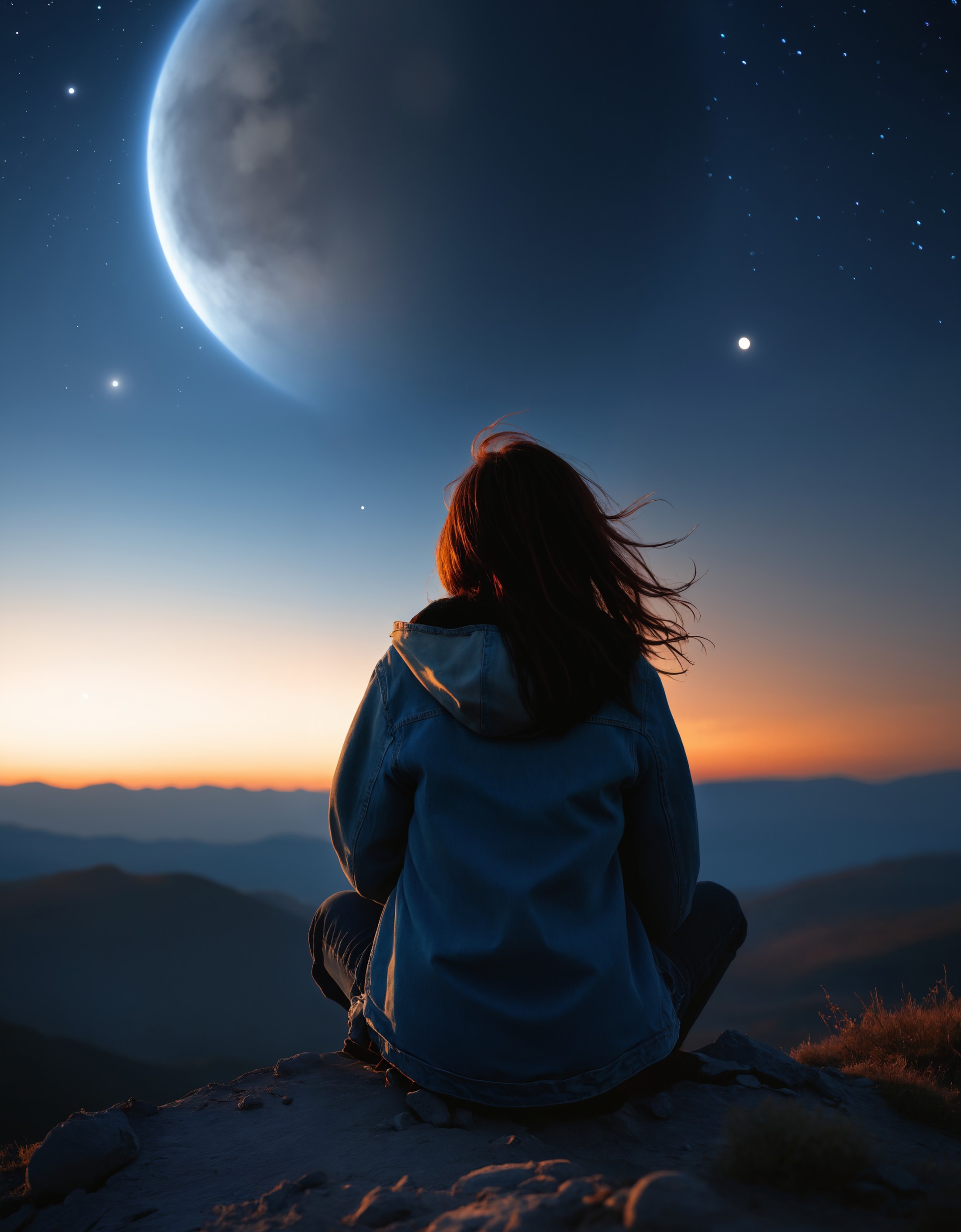 girl sitting on a small hill looking at night sky, back view, distant exploding moon, ultra-realistic, extremely detailed,...