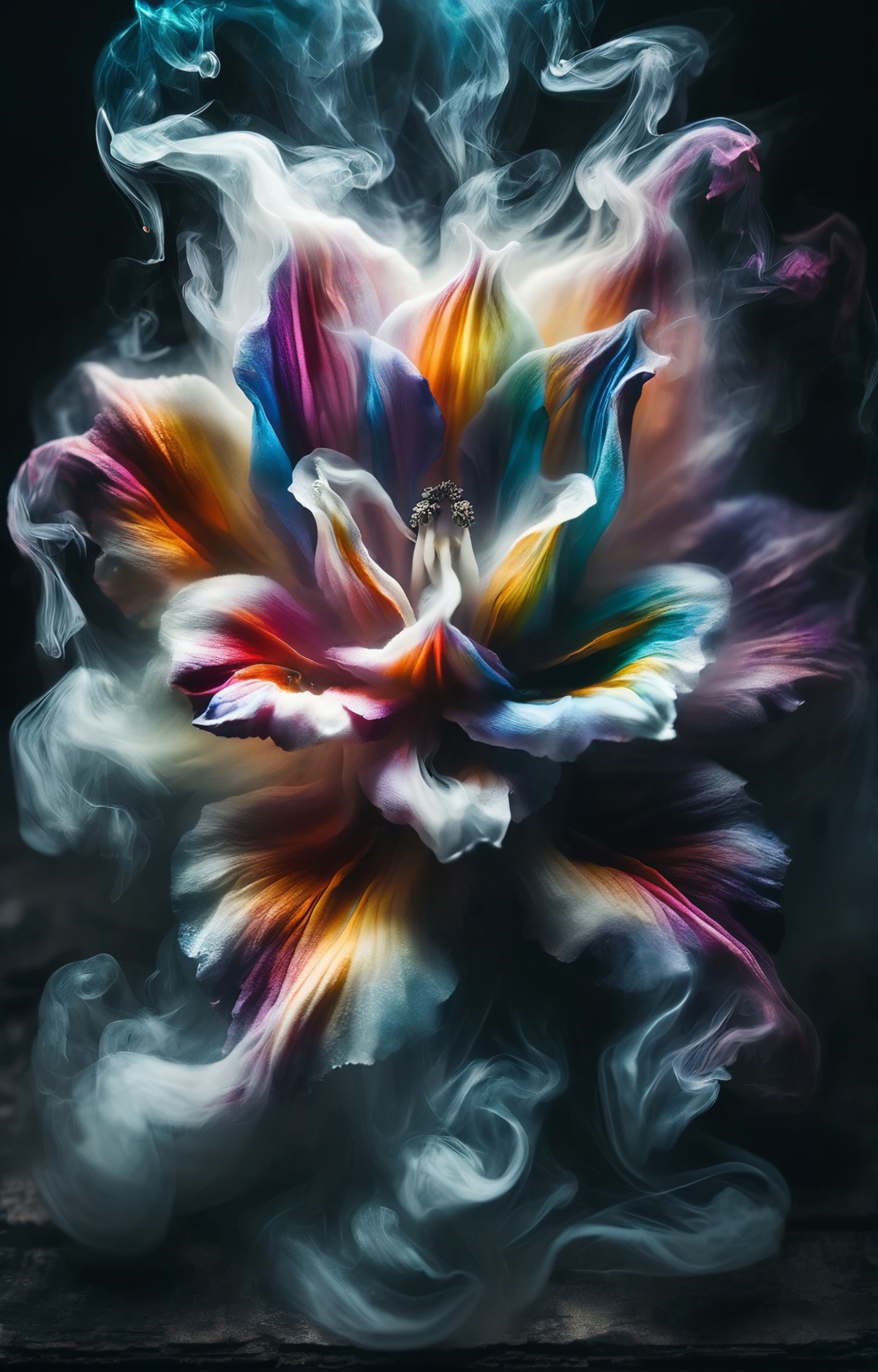 Colorful Flower Blurred with Smoke in a Black Background