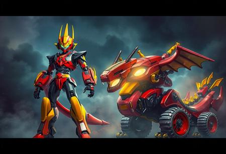 The artwork vividly depicts an epic scene of two distinct robots: a Cyber Magician and a Proto-Cyber Dragon. The Cyber Magician, standing proudly with a red and black body and a vibrant yellow head, is adorned with orange arms and legs that add a burst of color. On the right, the Proto-Cyber Dragon, transformed from a cyborg, showcases a red and black exterior with a yellow roof that matches the Cyber Magician's head. Its orange wheels echo the robot's arms and legs, creating a harmonious color contrast. The captivating 4K illustration boasts lifelike details, intricate facial and clothing features, and vibrant hues. With stunning colors, impeccable composition, and epic cinematic lighting, the image is a masterpiece in contemporary aesthetics.