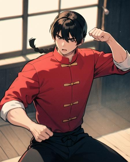 best quality, masterpiece,1boy,saotomeranma, hotwater,  <lora:ranma_v1:0.8>, ,chinese clothes,single braid, official style,doing a kamae  in a dojo