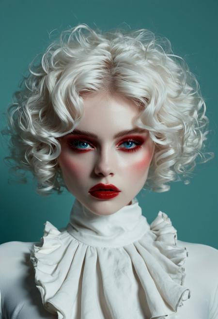 The image is a high-fashion portrait photograph of a woman with striking features and a surreal aesthetic. The subject is a woman with porcelain-white, flawless skin and piercing blue eyes, giving her an ethereal appearance. She has short, voluminous, curly platinum blonde hair styled in soft waves that frame her face. Her lips are painted a deep, rich red, adding a striking contrast to her pale skin.
She wears a high-necked, white dress with intricate, ruffled details along the front, creating a textured, almost sculptural look. The dress appears to be made of a smooth, satin-like fabric, and the high collar adds to the formality and elegance of the outfit.
The woman’s face is centered and fills the frame, with her eyes looking directly at the camera with an intense, almost confrontational gaze. She wears a wide-brimmed, white hat that casts a soft shadow on her face, adding depth and dimension.
The background is a solid, muted teal color, providing a cool, serene backdrop that contrasts with the woman's stark white attire. The overall composition and lighting emphasize the ethereal, almost otherworldly quality of the image, with soft, diffused light creating subtle highlights and shadows on her skin and clothing.