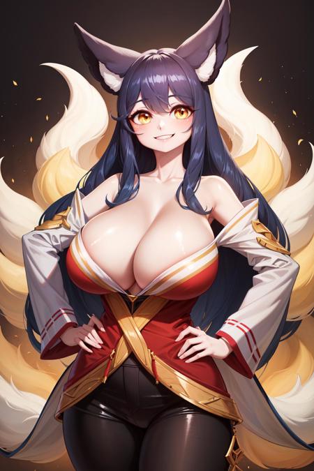 (Yabby:1.2), (Masterpiece, Best Quality, Highres:1.4), Detailed, Intricate Details, 4K,
1Girl, (Solo:1.4), Standing, Hands on Hips, (Ahri \(league of legends\):1.2), 
Long Hair, Black Hair, Fox Ears,
Yellow Eyes, Looking at VIewer, 
Smile, Grin,
Cleavage, Huge Breasts, (Cametoe:1.2),
 <lora:last:1>