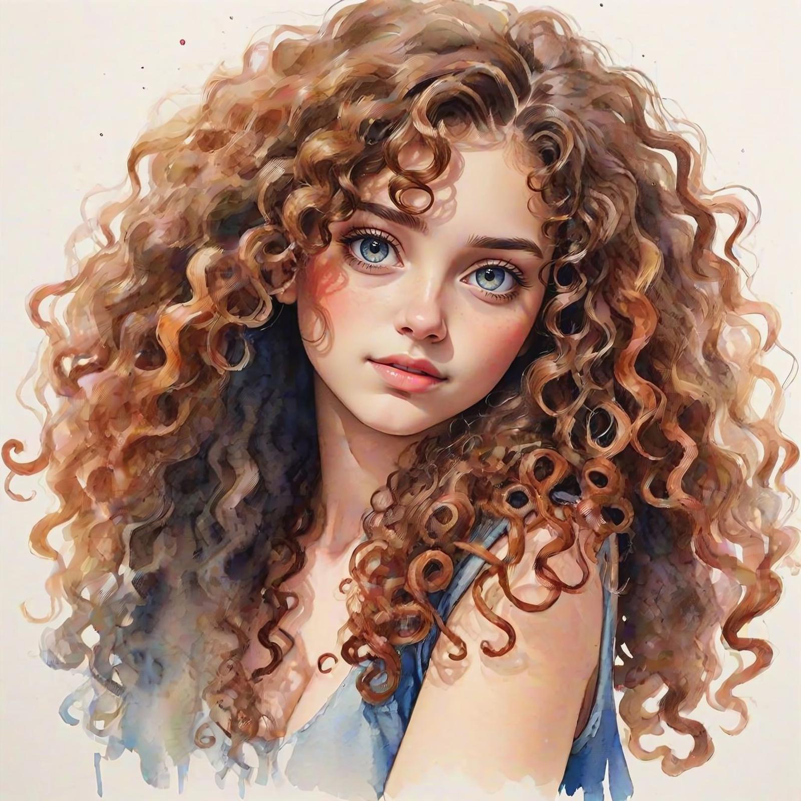 A painting of a woman with long curly hair and blue eyes.