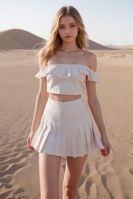 photograph of a cute Russian girl, slender, beautiful body, linen offshoulder crop clothes, pleated mini skirt, medium breasts hidden under clothes, desert, hot summer, fashion pose, Porta 160 color, shot on ARRI ALEXA 65, bokeh, sharp focus on subject, shot by Lilia Alvarado