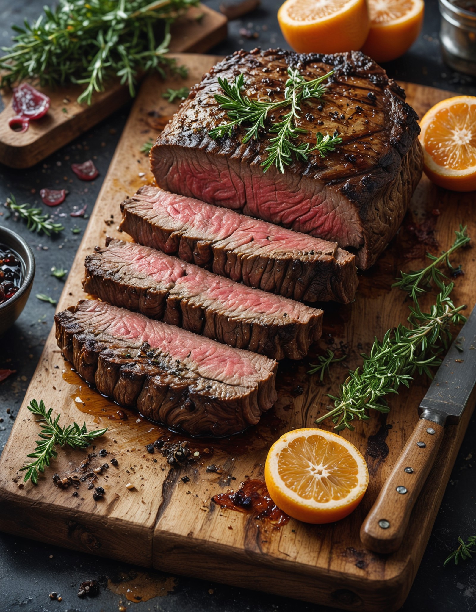 , juicy steak cooked to perfection. The steak should be grilled, with visible grill marks and a slightly charred exterior....