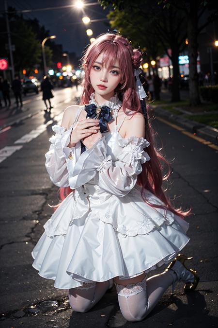 best quality, masterpiece, realistic, photorealistic, 1girl, solo, looking at viewer, full body, kneeling, dorothy costplay costume, cosplay, hair bun, white dress, detached sleeves, white thighhighs, high heel boots, detailed background, in street, night, <lora:nikke_dorothy_cosplay_costume_v1:0.65>