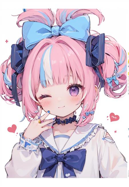 folded twintails,1girl,virtual youtuber,solo,one eye closed,multicolored hair,bow,smile,heart,hair bow,purple eyes,blue hair,braid,v,white background,upper body,bangs,looking at viewer,blue nails,sailor collar,long sleeves,simple background,blue bow,blush,nail polish,purple hair,hair rings,alternate hairstyle,blunt bangs,closed mouth,frills,streaked hair,pink hair,shirt,long hair,;),sidelocks,white shirt,<lora:mikuhairstyle:1>,