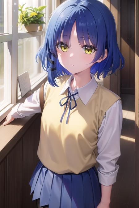 ryouyamada, <lora:ryouyamada-lora-nochekaiser:1>, 
ryou yamada, blue hair, eyes visible through hair, mole, mole under eye, short hair, (yellow eyes:1.5), hairclips,
BREAK black pantyhose, black ribbon, blue skirt, brown footwear, loafers, long sleeves, pantyhose, ribbon, school uniform, shimokitazawa high school uniform, shirt, shoes, skirt, white shirt,,
BREAK indoors, classroom,
BREAK looking at viewer, (cowboy shot:1.5),
BREAK <lyco:GoodHands-beta2:1>, (masterpiece:1.2), best quality, high resolution, unity 8k wallpaper, (illustration:0.8), (beautiful detailed eyes:1.6), extremely detailed face, perfect lighting, extremely detailed CG, (perfect hands, perfect anatomy),