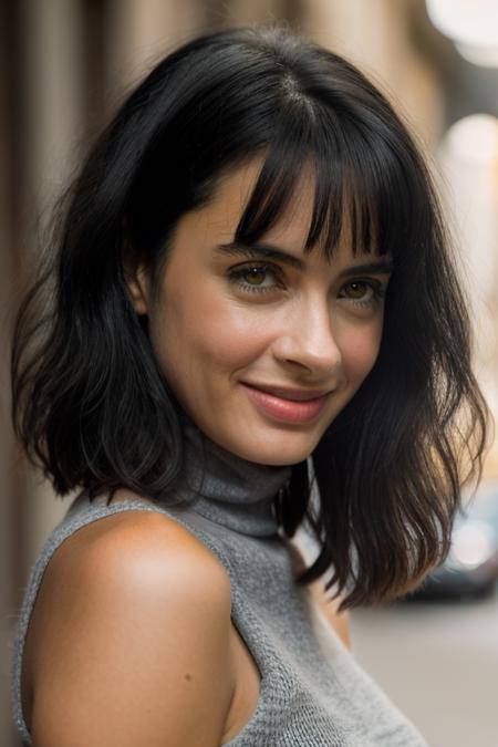 Realistic photo of a beautiful kryst3nr-v12 woman,  1girl, solo, long hair, looking at viewer, smile, simple background, black hair, bare shoulders, brown eyes, upper body, sleeveless, grey background, lips, head tilt, turtleneck, realistic, red lips, soft lighting, professional Photography, Photorealistic, detailed, RAW, analog, sharp focus, 8k, HD, DSLR, high quality, Fujifilm XT3, film grain, award winning, masterpiece<lora:kryst3nr-v1:1.0>