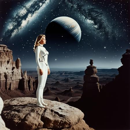 ((masterpiece:1.5)), ((ultra-detailed:1.4)), realistic, 1980s sci-fi movie style, (grainy vintage film look:1.4), (white female figure:1.5) standing prominently, two-thirds of the composition, on a (rugged rock formation:1.3) against a (dark cosmic vacuum:1.3) filled with (distant stars:1.2), (large textured planet:1.2) visible in the remaining third of the background, (high contrast:1.4), neon glow, hues of red, white, and black, minimal in-between colors, (retro aesthetic:1.3), cinematic lighting, slightly faded, (film grain:1.2), (futuristic yet retro armor:1.1)