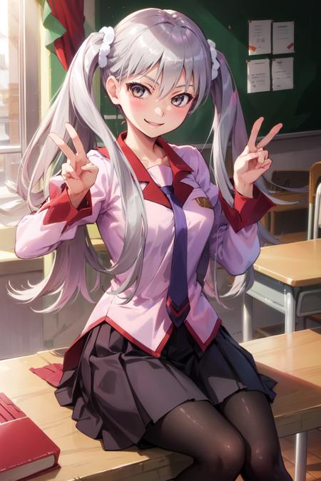 1girl, solo, smile, v, peace sign, looking at viewer,
oikurasodachi, grey eyes, school uniform, naoetsu high school uniform, necktie, skirt, juliet sleeves, black pantyhose,
school classroom, sitting,  cowboy shot,
<lora:oikura-sodachi-08:0.7>