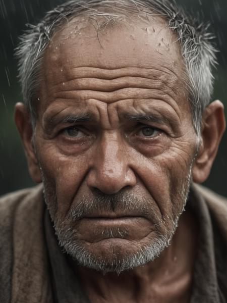 (sharp focus:1.2), an award winning photo of an old man peasant, water droplets, thunderstorm outside, lightning back lighting, , lines on face, wrinkles, extremely detailed skin, sadness, hopelessness ,cloudy eyes, (deep shadows:1.1), high contrast, beautiful eyes, absurdres, 8k, (high quality:1.3), , artstation hd, concept art, detailed face and body, award-winning photography, (moody lighting:1.2), depth of field, bokeh, 4K, HDR <lora:JuggerCineXL2:1>