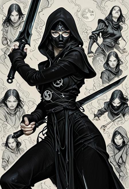 Pencil drawing, black and white, pencil strokes, line art, an ninja assassin, wear hoodie, wear a half assassin mask, wield a dual blade with grip at center part, curving like a moon shape, fighting stance, fully with smoke and foggy (line stroke style), the art mixing with black,