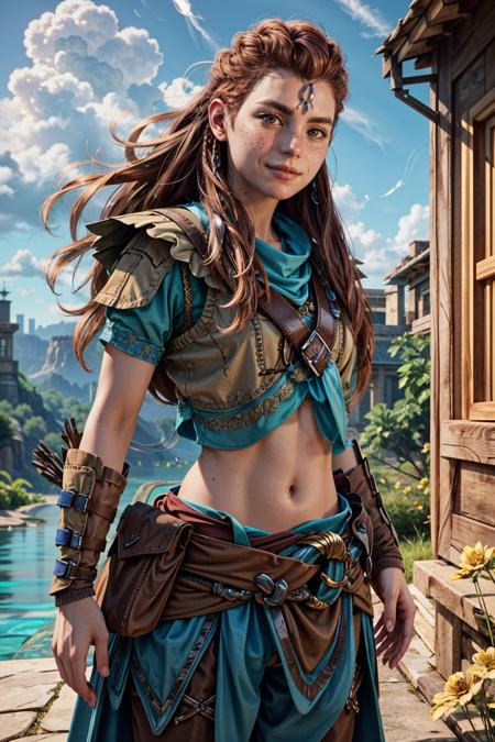 (masterpiece, best quality)
1girl, AloyHorizon, solo, long hair, looking at viewer, smile, brown hair, shirt, navel, holding, brown eyes, jewelry, closed mouth, standing, braid, flower, boots, red hair, outdoors, sky, day, midriff, belt, pants, cloud, armor, blue sky, crop top, v, blue shirt, freckles, pouch, realistic, faulds, dreadlocks
<lora:epi_noiseoffset2:1>  <lora:add_detail:0.7>  <lora:AloyHorizon:0.8>