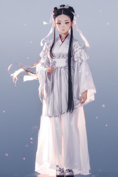 masterpiece, best quality,detailed face,
1girl,solo,((full body)),white hanfu,hair ribbon,
gradient background, standing, 
 <lora:xiaolongnv_20230601155437:1>