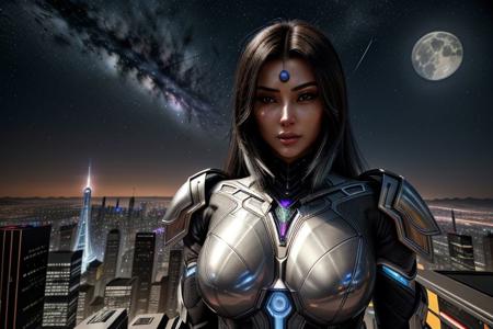 intricately detailed photograph of a gorgeous ((futuristic)) super-soldier of ambiguous ethnicity named Ava, detailed realistic eyes, detailed hair, detailed skin, wearing (sleek high-tech:1.1) power armor, appealing, eye-catching, aesthetic, (stunning shiny (advanced) outdoor nighttime future city:1.1), incredible metal buildings, impossibly tall ultramodern skyscrapers, full moon, stars, (amazing background:1.2), (vibrant colors), 8K, UHD, HDR, ultra-hd, cinematic, volumetric, dramatic, epic, realistic, breathtaking, impressive, high quality, best quality, masterpiece, (((anime))), (((cartoon))), (unreal engine 5), (raytracing)