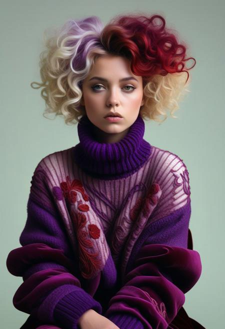 The image is a high-resolution photograph featuring a young woman with a distinctive hairstyle and attire. The subject has short, curly hair that is a mix of natural blonde and dyed green, with the green color predominantly at the roots and fading into the blonde ends. The person's skin tone is fair, and they have a round face with a slightly pensive expression. They are wearing a chunky, knitted sweater with a high neck. The image is a high-resolution photograph featuring a woman seated on the floor against a plain, light-colored background. She is dressed in an elaborate, luxurious coat that appears to be made of velvet in a rich, deep purple color. The coat is adorned with intricate, white, ornate embroidery that features swirling patterns and floral designs, giving it an opulent and vintage-inspired aesthetic. The image is a high-resolution photograph featuring a young woman with an avant-garde hairstyle and outfit. She has a striking, voluminous hairstyle with a mix of curly hair in shades of purple and red, styled in a voluminous, asymmetrical fashion, with some strands cascading down her face and neck. Her hair is styled in a way that resembles a modern art installation, with a mix of vibrant colors and natural texture.