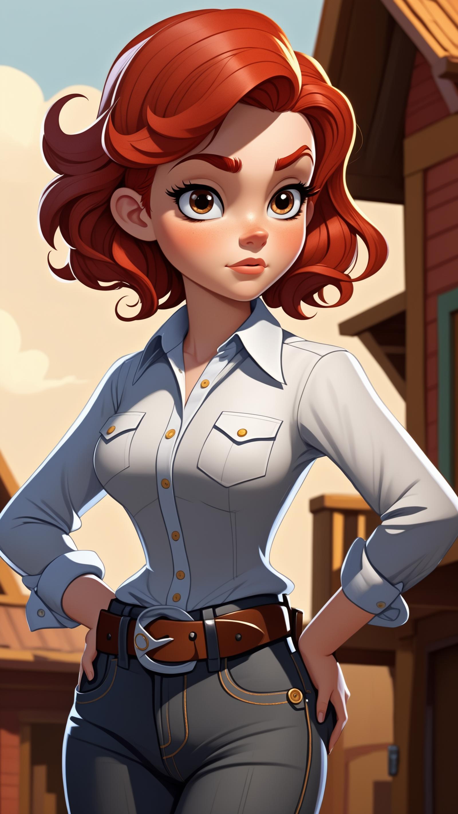 Cartoon Illustration of a Woman in a Cowgirl Outfit with Red Hair and a Blue Shirt.