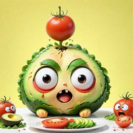 concept art <lora:CivitAI_64_ALL:0.6>digital art, cute avocado , cute tomato and a cute lettuce in a table with worry face because they going to be used for a salad. Saw a cute salad ball,  extremely beautiful, CivitAI Fusion Style . digital artwork, illustrative, painterly, matte painting, highly detailed