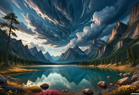 aesthetic, masterpiece, beautiful, elegant, award winning, photo, artstation,best quality, dark clouds, landscape,distorted sky,mysterious lake,view from below,  mobe-90c0m, aidmaimageupgrader