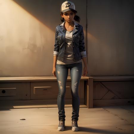 ((masterpiece, best quality)),(complex lighting) , solo, full body,1girl, clementine,  dark skin,  <lora:ClementineWalkingDead1-10:0.6>,hat, baseball cap, jeans, jacket,