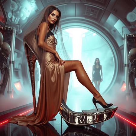 tall slender elegant slavic femme fatal encased with silk veils in giant high heel foil shoe ,  under dimension portal to another galaxy , dressed in sexy glossy satin side slit 1920s nightgown ,  pefect legs in lace trim stockings and d'orsay high heels, small feets, alien spaceship chamber, surrounded by beauty models encased in  hi-tech stasis tubes at background,  fog, mirrors, hi-tech, sci-fi, scifi, mind control, steel, foil, hypno, romance,  lipstick, long hair, heavy makeup,  red nails, long hair, green eyes, sharp cheekbones, ultra thin waist , seductive, feminine, mysterious, alluring, red lasers