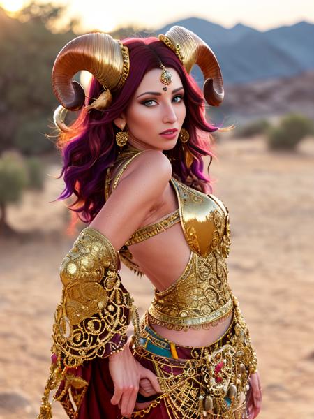 <lora:horns_b1:0.7> ram horns, curled horns, (Art Photography, Award Winning) DV Tammy Vicious, skinny, fit, slender... is wearing a black and gold goddess outfit, walking through the Algerian desert, by Steve McCurry, 35mm, F/2.8, ((Photo Focus, DOF, Aperture, insanely detailed and intricate, character, hypermaximalist, elegant, ornate, beautiful, exotic, revealing, appealing, attractive, amative, hyper realistic, super detailed, heresy flares))(DOF, blurry background, sunset in the back of the character)Lens Flare, Heresy flare,OverallDetail