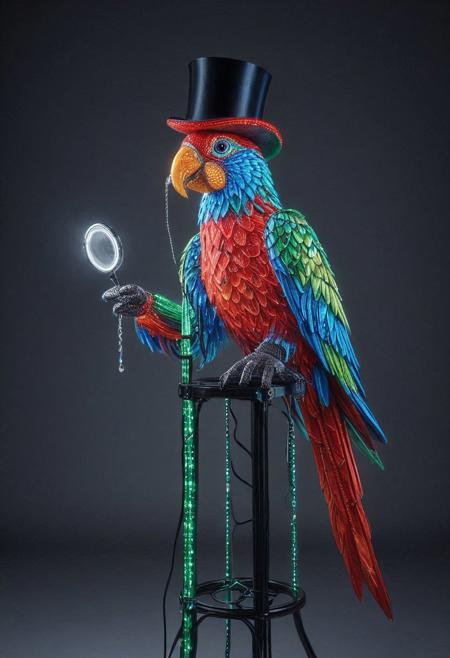 embedding:lazmpos, LED, colorful LED lights, RGB lights, red green and blue parrot, art deco, top hat, cane, monocle,RetroBG