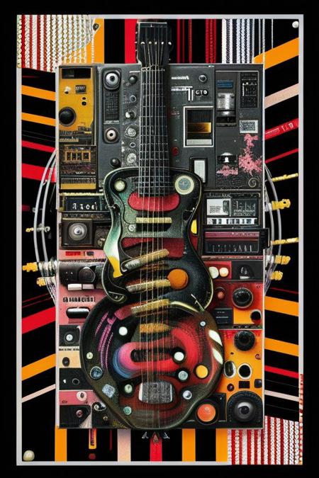 Create a striking abstract collage using vibrant cutout images of musical instruments. Blend them together in an unusual way with glitch effects.
