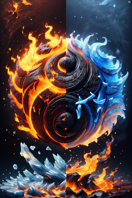 yin and yang symbol, shaped out of fire and ice <lora:ral-faize:1> faize