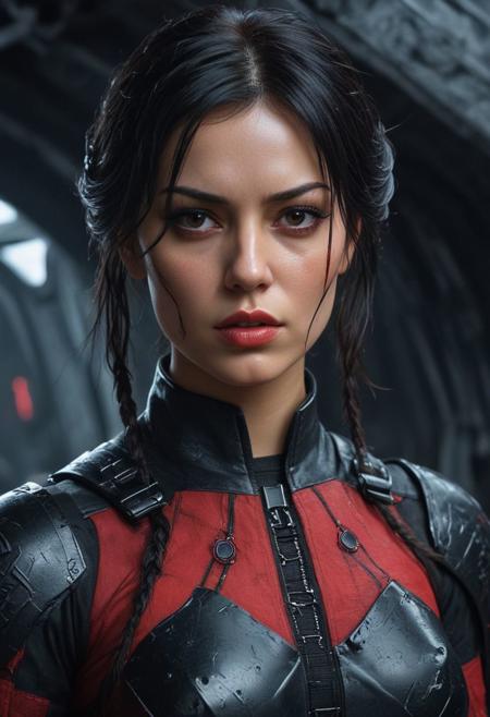 Beautiful sinister Dark Sith girl, clad in intricate dark sith tight red-black combat outfit, Star Wars style, Standing aboard an Imperial Destroyer, realistic brown eyes, wavy black hair, Sensual female curves, perfect athletic figure, beautiful perfect detailed pupils, wet oily shiny skin, beautiful firm Breasts, defiant and seductive, Intricately Designed Handsome dirty bloody face, high contrast, colorful polychromatic, ultra detailed, ultra quality, CGSociety fighting stance, Cinematic Lighting, intricate, smooth, sharp focus digital painting, Asymmetrical Balance, hyperdetailed painting, dynamic lighting, complex, head and full body portrait, 8k resolution concept art portrait by Greg Rutkowski, Attractive, Atrractive 21 years old woman, Attractive bust girl