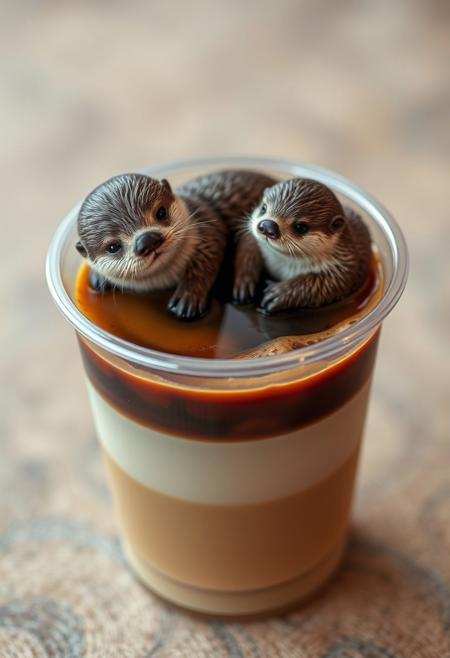 a realistic 4k photo of transparent plastic cup of full of coffee where super tiny miniature mother sea otter and baby sea otter taking a rest above coffee