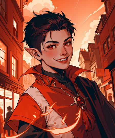 (original-art:1.2),(lineart:1.31), 1boy, portrait elf vampire shaman boy with undercut,(depth),gothic city streets,dramatic,cinematic-composition,(hyperdefined),playful-smile,from-below,(hellish),orange red,(thin-lines),fantasy-gothic aesthetic,complex-lighting from lamps,ultradetailed textures,(fine-details:1.3),RAW-format,perfect-anatomy,(limited-palette)