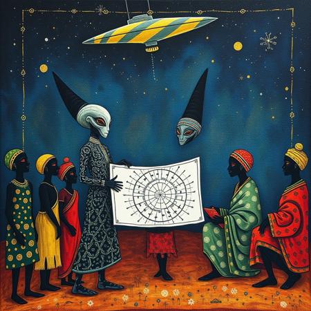 tribal ethnic abstract organic indigenous, elegant extraterrestrial being meeting with people of Dogon tribe surrounding welcoming, holding chart of stars, painting made of natural dyes on textured textile cloth, style of Mali West-Africa, comprised of primitive abstract organic forms with vibrant natural colors, overhead spaceship from Sirius dogstar