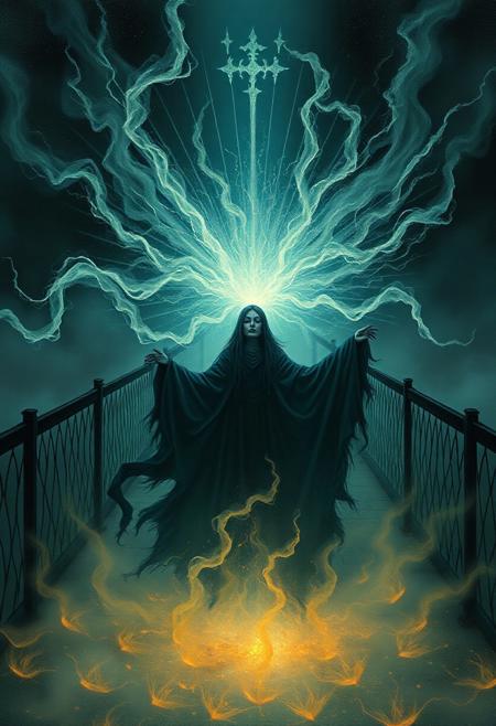 Phenomenal Woman,  macabre atmosphere, mystical figure, bitter truths, invisible bridge, ephemeral beauty, powerful expression, comprehensive, serene contemplation, striking color palettes, beauty of the artistic process
