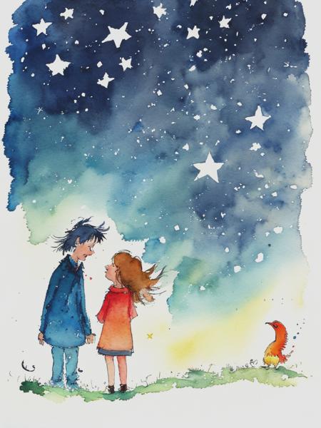 <lyco:QuentinBlake:1.0> a boy and a girl wishing at stars, in the style of Quentin Blake, watercolor and ink