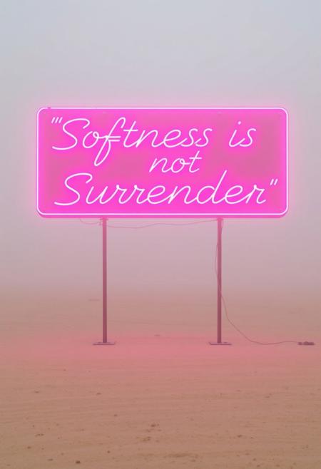 a movie still a pink neon sign that says ((“Softness is not Surrender”)), minimalistic in a desert setting, dust and fog